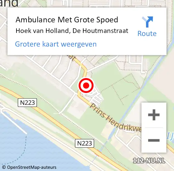 Locatie op kaart van de 112 melding: Ambulance Met Grote Spoed Naar Hoek van Holland, De Houtmanstraat op 10 juli 2024 23:48