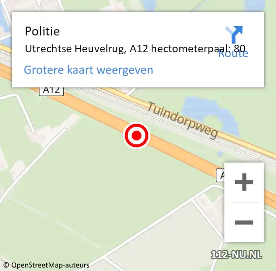 Locatie op kaart van de 112 melding: Politie Utrechtse Heuvelrug, A12 hectometerpaal: 80 op 11 juli 2024 00:59