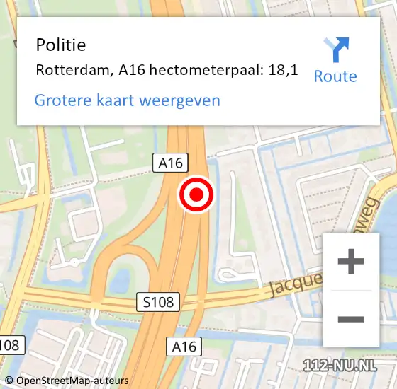 Locatie op kaart van de 112 melding: Politie Capelle aan den IJssel, A16 hectometerpaal: 18,1 op 11 juli 2024 01:32
