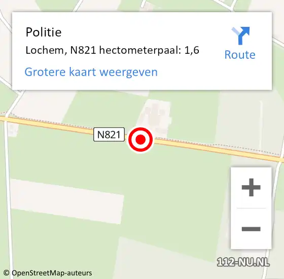 Locatie op kaart van de 112 melding: Politie Lochem, N821 hectometerpaal: 1,6 op 11 juli 2024 07:11