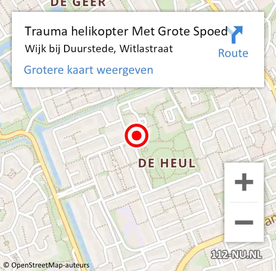 Locatie op kaart van de 112 melding: Trauma helikopter Met Grote Spoed Naar Wijk bij Duurstede, Witlastraat op 11 juli 2024 07:20