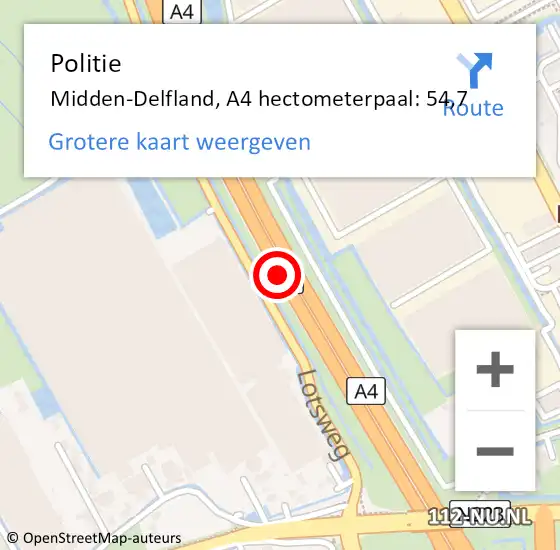 Locatie op kaart van de 112 melding: Politie Midden-Delfland, A4 hectometerpaal: 54,7 op 11 juli 2024 07:48
