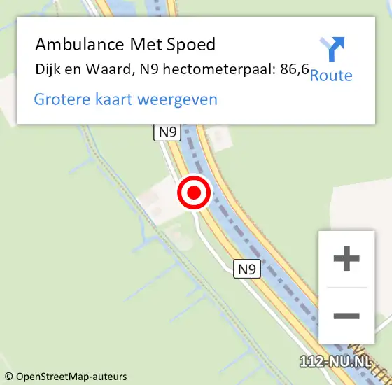 Locatie op kaart van de 112 melding: Ambulance Met Spoed Naar Dijk en Waard, N9 hectometerpaal: 86,6 op 11 juli 2024 08:26