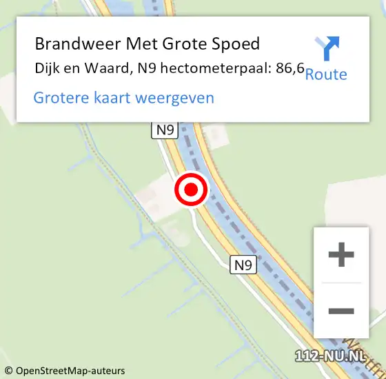 Locatie op kaart van de 112 melding: Brandweer Met Grote Spoed Naar Dijk en Waard, N9 hectometerpaal: 86,6 op 11 juli 2024 08:35