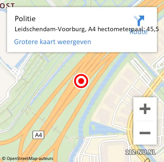 Locatie op kaart van de 112 melding: Politie Leidschendam-Voorburg, A4 hectometerpaal: 45,5 op 11 juli 2024 10:40