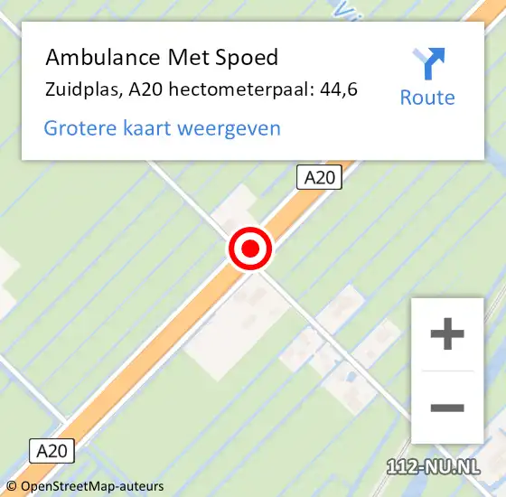 Locatie op kaart van de 112 melding: Ambulance Met Spoed Naar Zuidplas, A20 hectometerpaal: 44,6 op 11 juli 2024 10:46