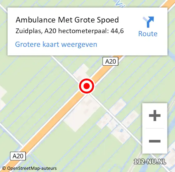 Locatie op kaart van de 112 melding: Ambulance Met Grote Spoed Naar Zuidplas, A20 hectometerpaal: 44,6 op 11 juli 2024 10:54