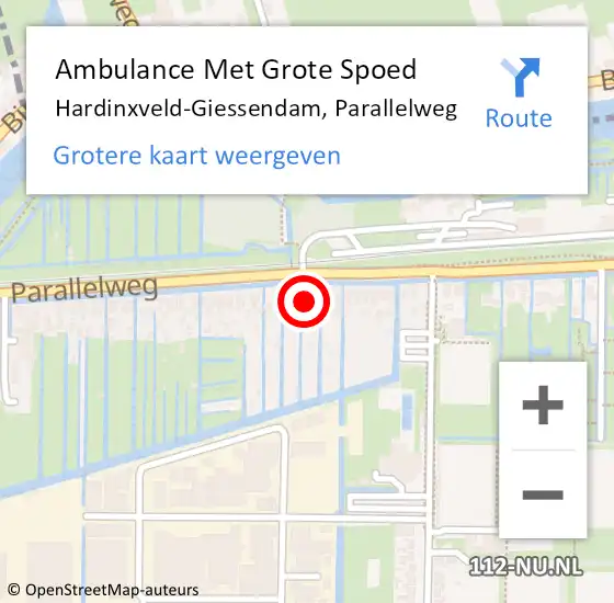 Locatie op kaart van de 112 melding: Ambulance Met Grote Spoed Naar Hardinxveld-Giessendam, Parallelweg op 11 juli 2024 11:11