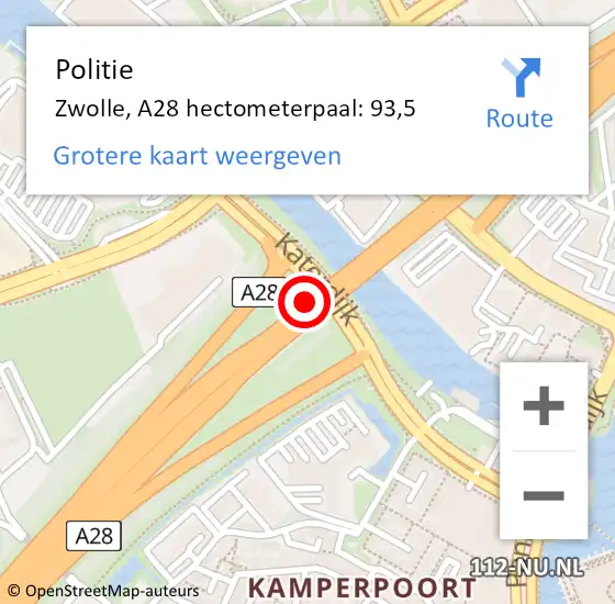 Locatie op kaart van de 112 melding: Politie Zwolle, A28 hectometerpaal: 93,5 op 11 juli 2024 14:43