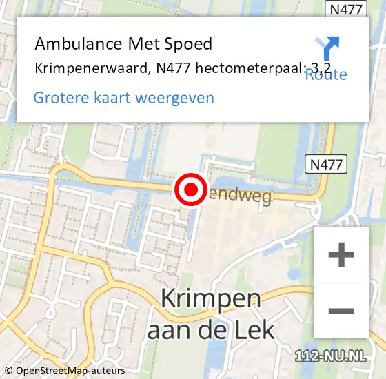 Locatie op kaart van de 112 melding: Ambulance Met Spoed Naar Krimpenerwaard, N477 hectometerpaal: 3,2 op 11 juli 2024 15:04