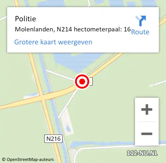 Locatie op kaart van de 112 melding: Politie Molenlanden, N214 hectometerpaal: 16 op 11 juli 2024 15:26