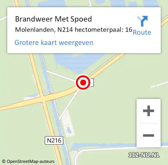 Locatie op kaart van de 112 melding: Brandweer Met Spoed Naar Molenlanden, N214 hectometerpaal: 16 op 11 juli 2024 15:27