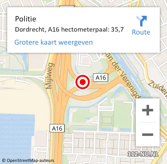 Locatie op kaart van de 112 melding: Politie Dordrecht, A16 hectometerpaal: 35,7 op 11 juli 2024 16:03