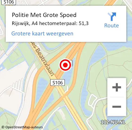 Locatie op kaart van de 112 melding: Politie Met Grote Spoed Naar Rijswijk, A4 hectometerpaal: 51,3 op 11 juli 2024 16:03