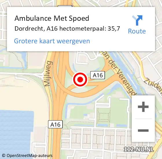 Locatie op kaart van de 112 melding: Ambulance Met Spoed Naar Dordrecht, A16 hectometerpaal: 35,7 op 11 juli 2024 16:04