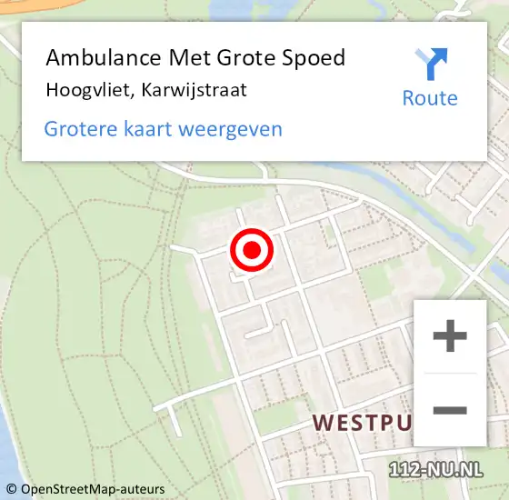 Locatie op kaart van de 112 melding: Ambulance Met Grote Spoed Naar Hoogvliet, Karwijstraat op 11 juli 2024 16:06