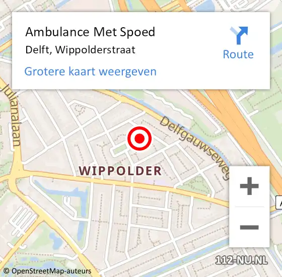 Locatie op kaart van de 112 melding: Ambulance Met Spoed Naar Delft, Wippolderstraat op 11 juli 2024 16:14