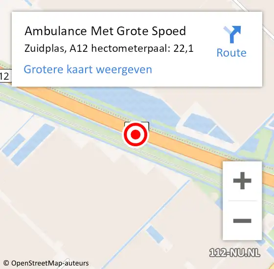 Locatie op kaart van de 112 melding: Ambulance Met Grote Spoed Naar Zuidplas, A12 hectometerpaal: 22,1 op 11 juli 2024 16:22