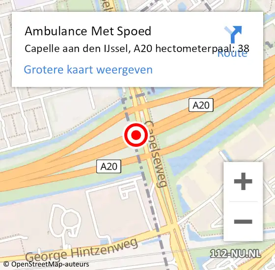 Locatie op kaart van de 112 melding: Ambulance Met Spoed Naar Capelle aan den IJssel, A20 hectometerpaal: 38 op 11 juli 2024 16:33