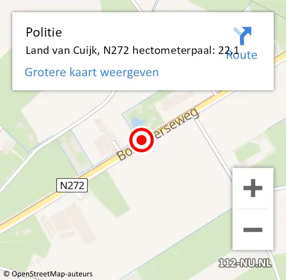 Locatie op kaart van de 112 melding: Politie Land van Cuijk, N272 hectometerpaal: 22,1 op 11 juli 2024 16:36