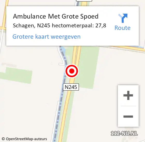 Locatie op kaart van de 112 melding: Ambulance Met Grote Spoed Naar Schagen, N245 hectometerpaal: 27,8 op 11 juli 2024 17:16