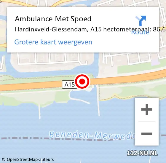 Locatie op kaart van de 112 melding: Ambulance Met Spoed Naar Hardinxveld-Giessendam, A15 hectometerpaal: 86,6 op 11 juli 2024 17:49