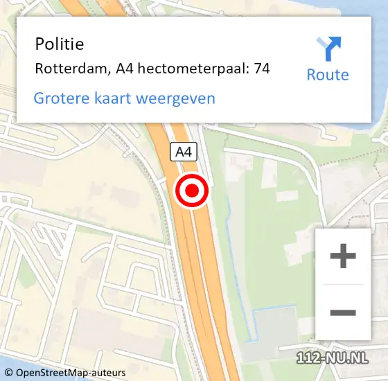 Locatie op kaart van de 112 melding: Politie Rotterdam, A4 hectometerpaal: 74 op 11 juli 2024 18:11