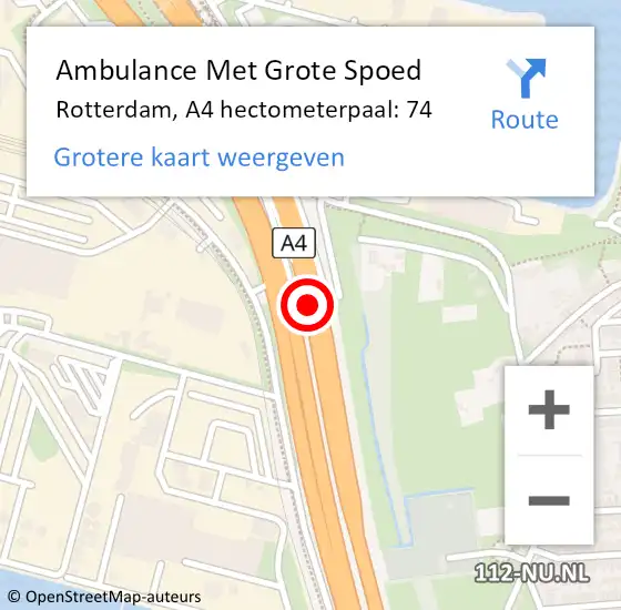 Locatie op kaart van de 112 melding: Ambulance Met Grote Spoed Naar Rotterdam, A4 hectometerpaal: 74 op 11 juli 2024 18:13