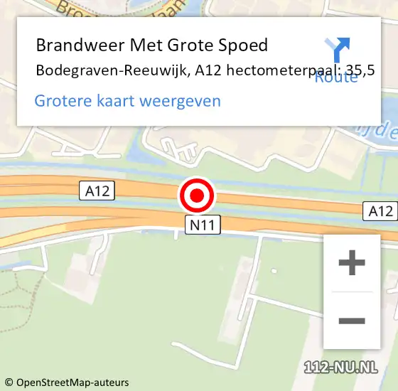 Locatie op kaart van de 112 melding: Brandweer Met Grote Spoed Naar Bodegraven-Reeuwijk, A12 hectometerpaal: 35,5 op 11 juli 2024 18:17