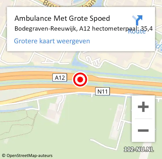 Locatie op kaart van de 112 melding: Ambulance Met Grote Spoed Naar Bodegraven-Reeuwijk, A12 hectometerpaal: 35,4 op 11 juli 2024 18:19
