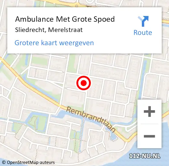 Locatie op kaart van de 112 melding: Ambulance Met Grote Spoed Naar Sliedrecht, Merelstraat op 11 juli 2024 19:08