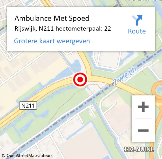 Locatie op kaart van de 112 melding: Ambulance Met Spoed Naar Rijswijk, N211 hectometerpaal: 22 op 11 juli 2024 21:08