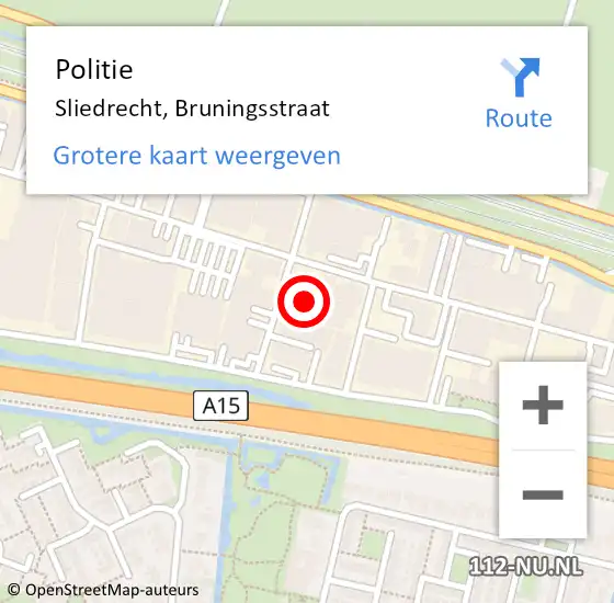 Locatie op kaart van de 112 melding: Politie Sliedrecht, Bruningsstraat op 11 juli 2024 22:07