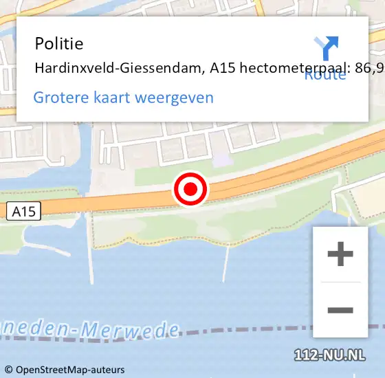 Locatie op kaart van de 112 melding: Politie Hardinxveld-Giessendam, A15 hectometerpaal: 86,9 op 11 juli 2024 23:31