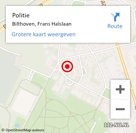 Locatie op kaart van de 112 melding: Politie Bilthoven, Frans Halslaan op 11 juli 2024 23:55