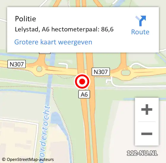 Locatie op kaart van de 112 melding: Politie Lelystad, A6 hectometerpaal: 86,6 op 12 juli 2024 00:15