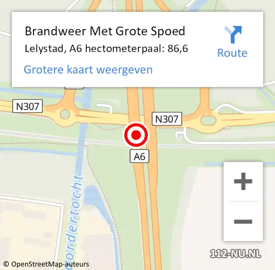 Locatie op kaart van de 112 melding: Brandweer Met Grote Spoed Naar Lelystad, A6 hectometerpaal: 86,6 op 12 juli 2024 00:16