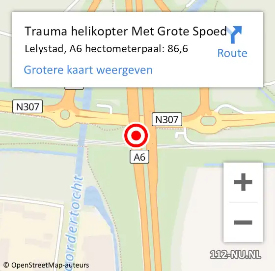 Locatie op kaart van de 112 melding: Trauma helikopter Met Grote Spoed Naar Lelystad, A6 hectometerpaal: 86,6 op 12 juli 2024 00:26