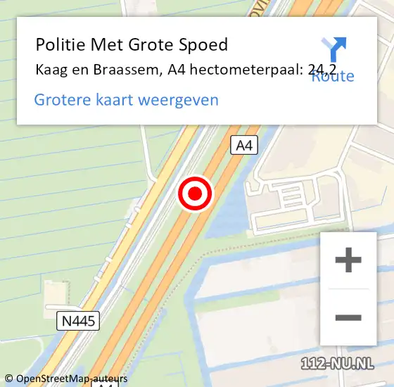 Locatie op kaart van de 112 melding: Politie Met Grote Spoed Naar Kaag en Braassem, A4 hectometerpaal: 24,2 op 12 juli 2024 01:12