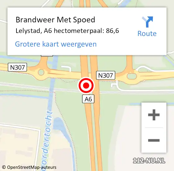 Locatie op kaart van de 112 melding: Brandweer Met Spoed Naar Lelystad, A6 hectometerpaal: 86,6 op 12 juli 2024 01:59