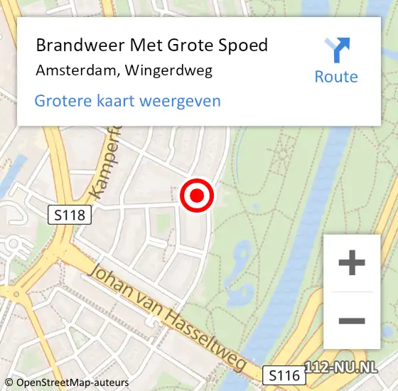 Locatie op kaart van de 112 melding: Brandweer Met Grote Spoed Naar Amsterdam, Wingerdweg op 12 juli 2024 03:08