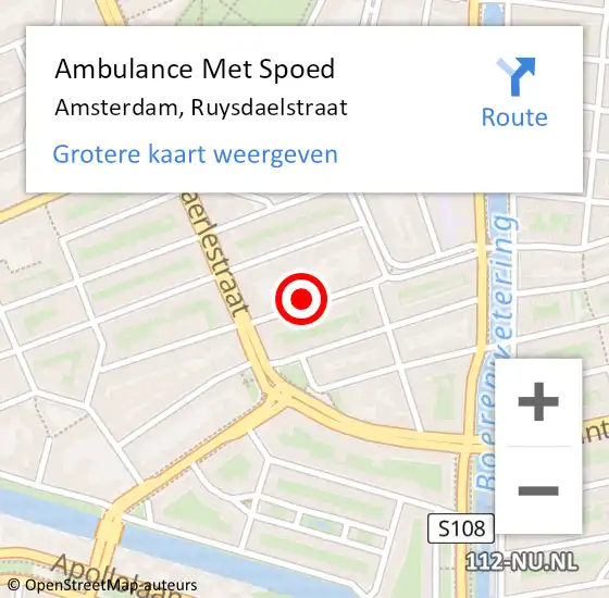 Locatie op kaart van de 112 melding: Ambulance Met Spoed Naar Amsterdam, Ruysdaelstraat op 12 juli 2024 04:17