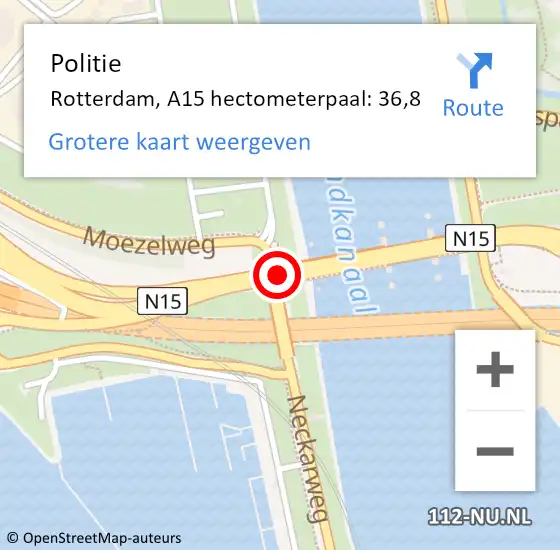 Locatie op kaart van de 112 melding: Politie Rotterdam, A15 hectometerpaal: 36,8 op 12 juli 2024 06:31