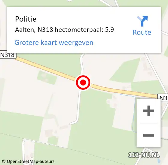 Locatie op kaart van de 112 melding: Politie Aalten, N318 hectometerpaal: 5,9 op 12 juli 2024 07:26