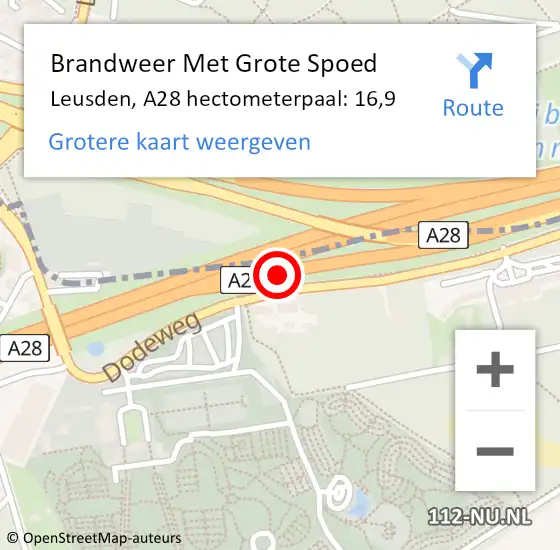 Locatie op kaart van de 112 melding: Brandweer Met Grote Spoed Naar Leusden, A28 hectometerpaal: 16,9 op 12 juli 2024 10:11