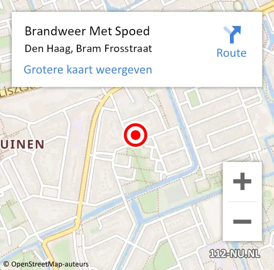 Locatie op kaart van de 112 melding: Brandweer Met Spoed Naar Den Haag, Bram Frosstraat op 12 juli 2024 10:53