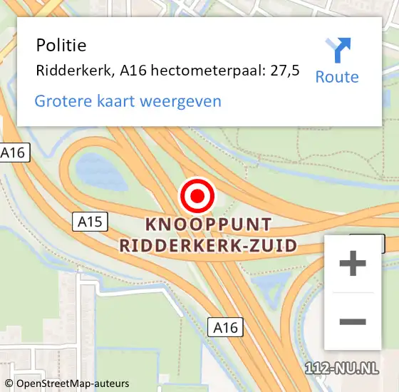 Locatie op kaart van de 112 melding: Politie Ridderkerk, A16 hectometerpaal: 27,5 op 12 juli 2024 11:38