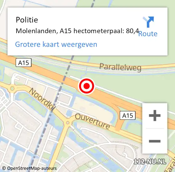 Locatie op kaart van de 112 melding: Politie Molenlanden, A15 hectometerpaal: 80,4 op 12 juli 2024 12:22