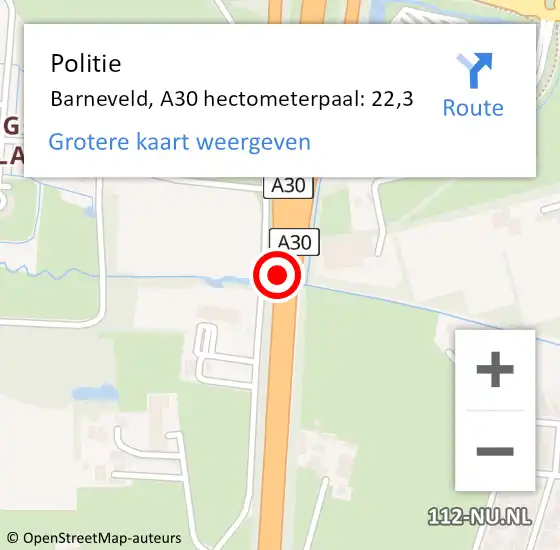 Locatie op kaart van de 112 melding: Politie Barneveld, A30 hectometerpaal: 22,3 op 12 juli 2024 12:29