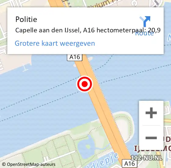 Locatie op kaart van de 112 melding: Politie Capelle aan den IJssel, A16 hectometerpaal: 20,9 op 12 juli 2024 12:41